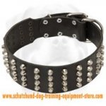 Wide Studded Leather Dog Collar for Working Dogs - 2 Inch Wide