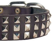 Leather Dog Collar Nickel Pyramids 3 Rows