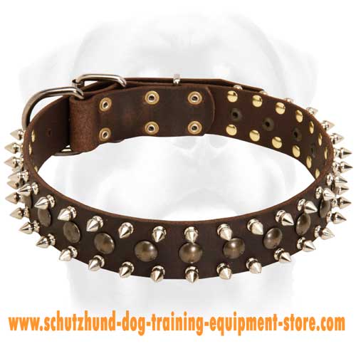 Leather Dog Collar Spiked And Studded 3 Rows