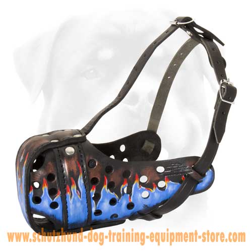 Marvellous Blue Fire Painted Leather Dog Muzzle - Click Image to Close