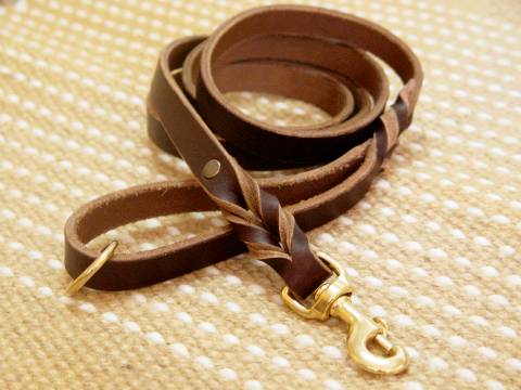 Handcrafted brown leather dog leash for walking and tracking for dog training or for dog owners