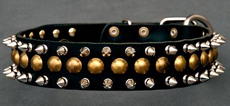 Leather Spiked and Studded Dog Collar with 3 rows spikes for dog training or for dog owners