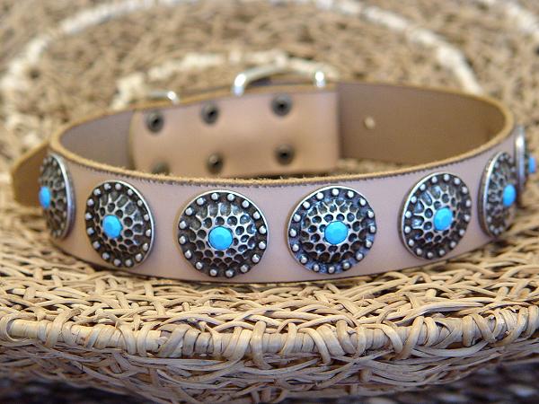 Tan Leather Dog Collar with Silver Plated Circles Blue Stones for dog training or for dog owners