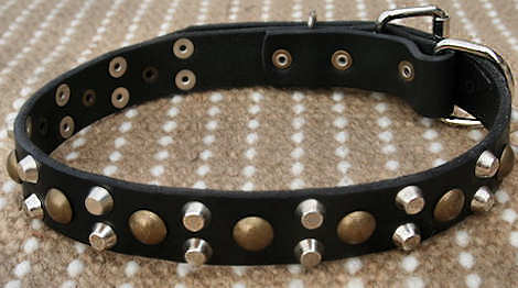 Studded 3 Rows Leather Dog Collar with Pyramids - custom collars for dog training or for dog owners